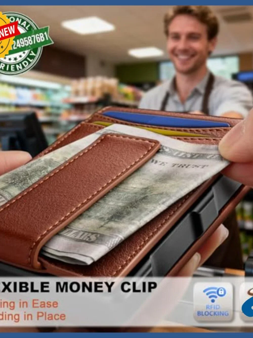 Men's Leather Wallet with Metal Money Clip, RFID Blocking, Magnetic Closure